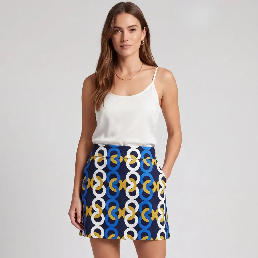 J.Crew Geometric Ring Print Mini Skirt Size 10 Navy Blue Mod Retro Stretch